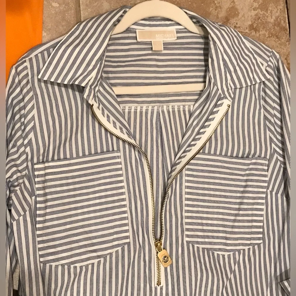 *Michael Kors* Shirt Bundle Orange Button-Down Blouse & Striped Shirt (Size L) - Picture 11 of 12